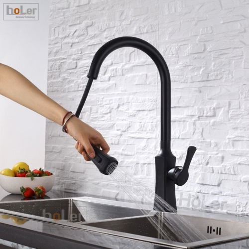 Vòi Rửa Chén Rút Dây Đồng Sơn Tĩnh Điện Màu Đen Holer CHL904