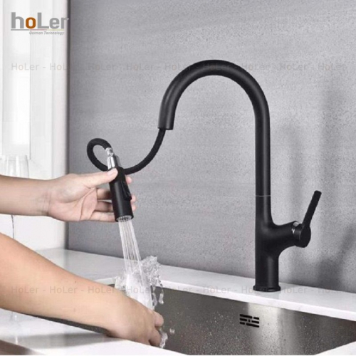 Vòi Rửa Chén Rút Dây Đồng Sơn Tĩnh Điện Màu Đen Holer CHL920