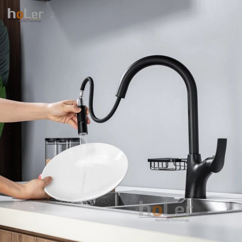 Vòi Rửa Chén Rút Dây Đồng Sơn Tĩnh Điện Màu Đen Holer CHL950