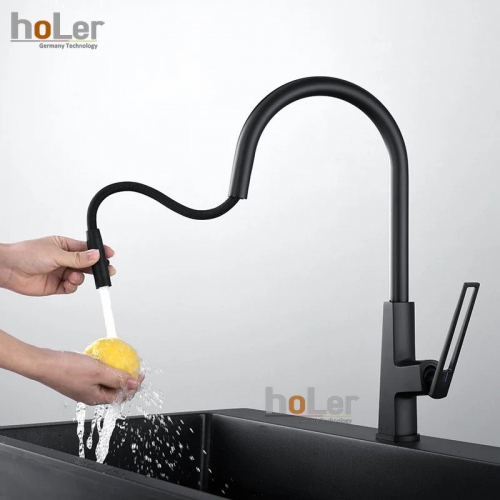 Vòi Rửa Chén Rút Dây Đồng Sơn Tĩnh Điện Màu Đen Holer CHL956