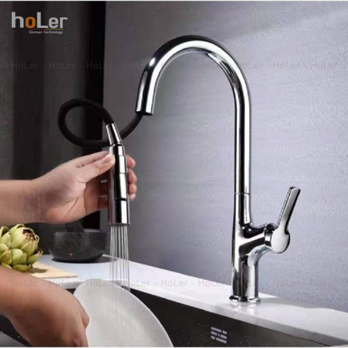 Vòi Rửa Chén Rút Dây Đồng Thau Mạ Crome Holer CHL921