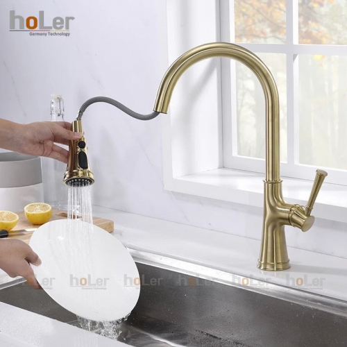 Vòi Rửa Chén Rút Dây Đồng Thau Mạ Vàng Holer CHL927