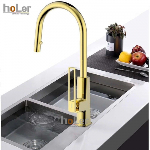 Vòi Rửa Chén Rút Dây Đồng Thau Mạ Vàng Holer CHL957