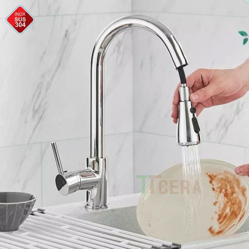 Vòi Rửa Chén Rút Dây Nóng Lạnh Inox 304 Bóng TTCERA CNL431