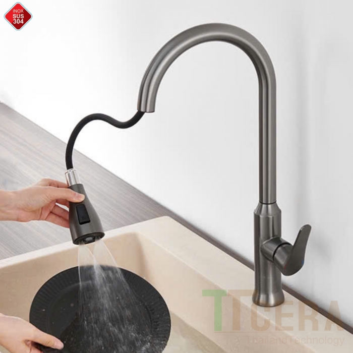 Vòi Rửa Chén Rút Nóng Lạnh Inox Sơn Tĩnh Điện Xám TTCERA CNL439